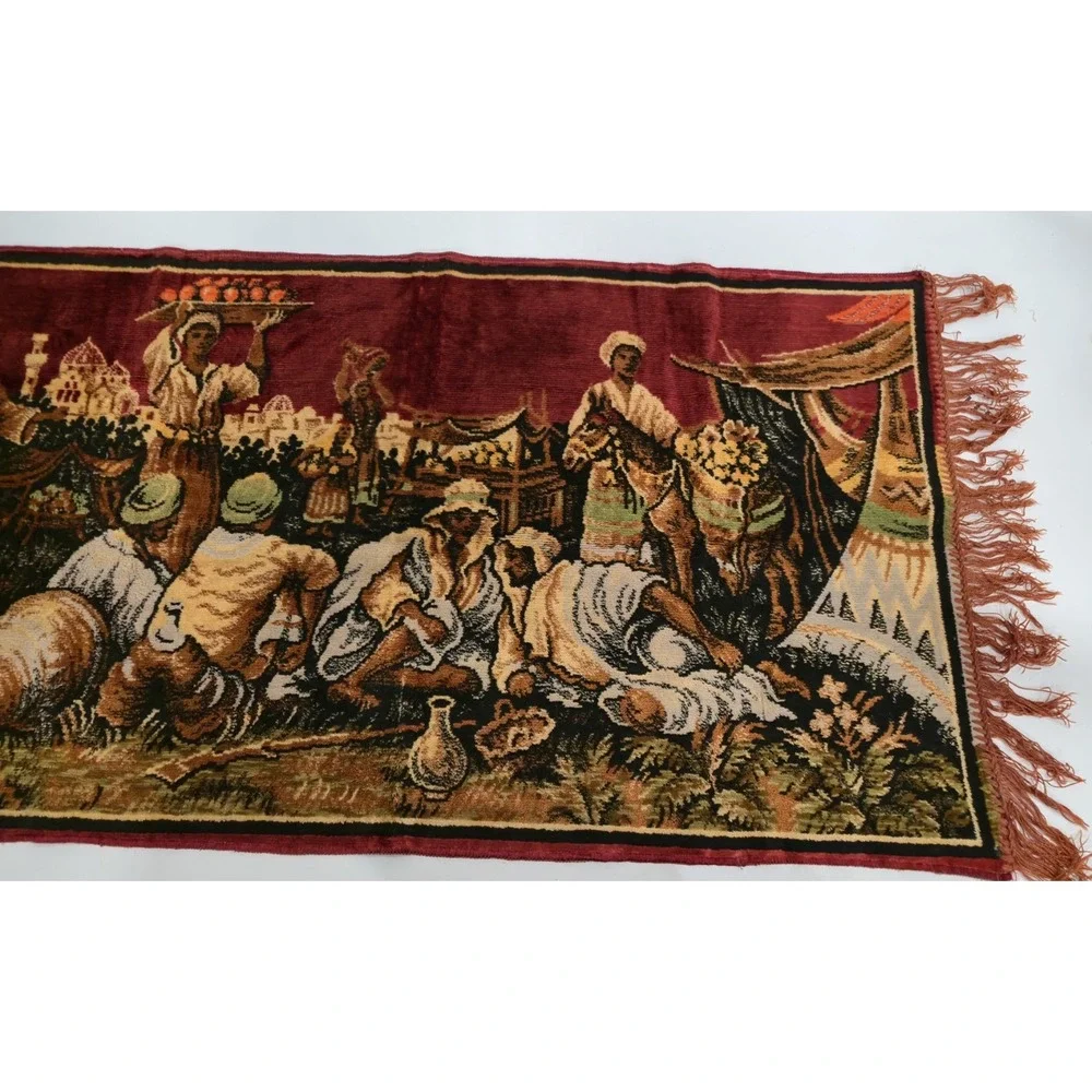 Vintage Middle Eastern Desert Marketplace Velvet Tapestry Fringed Rug 40